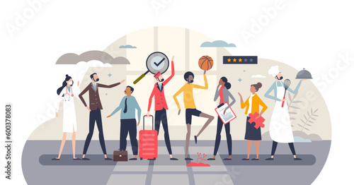 Job market with various professional skills for career tiny person concept, transparent background.Human resources occupation database for hiring company illustration.