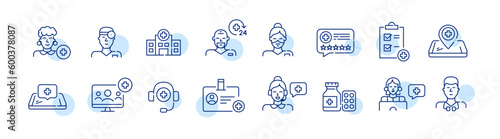 Healthcare professionals and hospital. General practitioner, 24 hour support, online services. Pixel perfect, editable stroke icons set