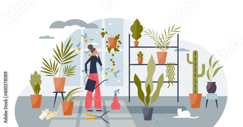 Indoor gardening and flower plant growing as green hobby tiny person concept, transparent background. Modern lifestyle with plant seedling, watering and sapling as part.
