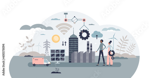 Lean manufacturing model for effective production work tiny person concept, transparent background. Automation strategy with technology digitization and process control illustration.