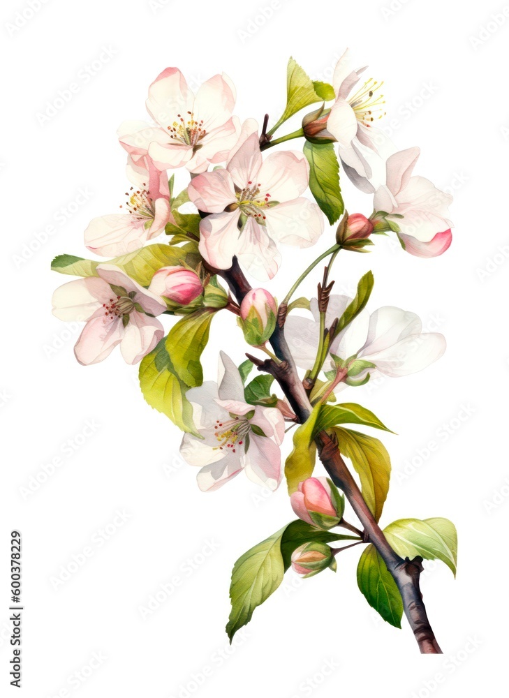 Watercolor illustration of a branch with apple blossoms isolated on white background. Generative AI.