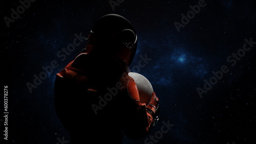 Astronaut holds moon in hands in space. Return of astronauts to moon satellite of earth. 3d render