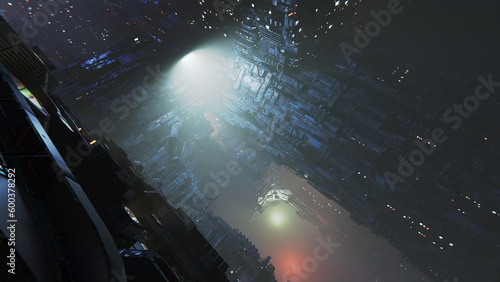 Cyberpunk city of future  smog. Buildings made of concrete and metal. Light of night lights. 3d render