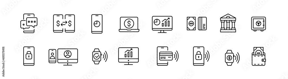 International money transfers, savings, credit and mortgage payments. Banking and finance icons set