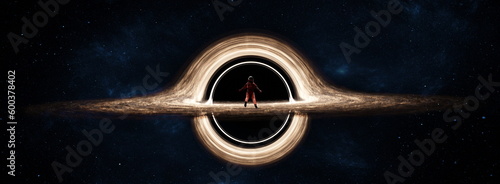 Astronaut looks at black hole in space devouring space and black matter. Interstellar space, hot ionized gas around a black hole. Distortion of space and time. 3d render photo