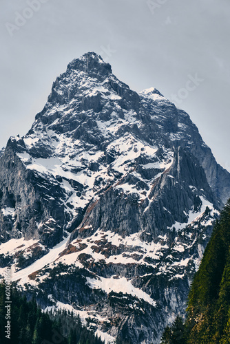 Canvas Print Rosenlaui Glacier mountain with snow in Swiss Alps with some green trees