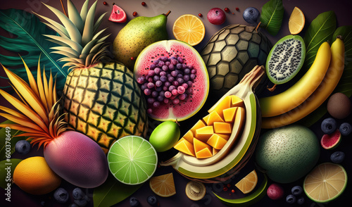 Tropical fruits background. Generative AI