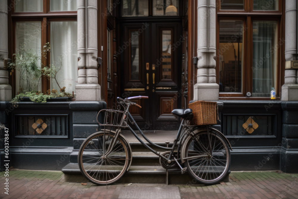 Retro bike at the entrance of an apartment building in a European city. Photorealistic illustration generative AI.