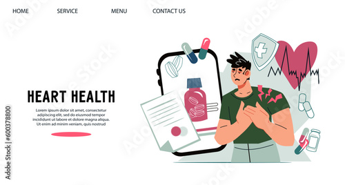 Heart health and cardiology website banner template, flat vector illustration. Diseases and abnormalities of the heart diagnosis and treatment, healthcare illustration for web page.