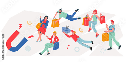 Lead Generation business concept with huge magnet attracting clients or buyers. Inbound marketing and customer retention increasing, flat vector cartoon illustration isolated on white background.