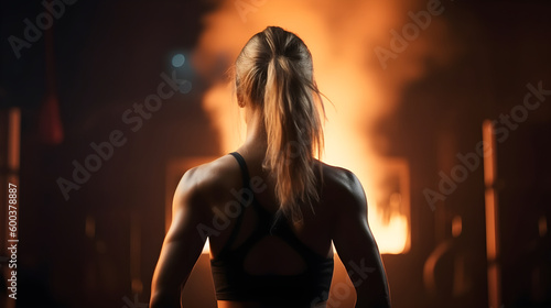 Athletic girl in a burning gym. Artistic photo, sense of power and fatigue, epic fitness, fire. Fit woman turned from the back. © Dom Creative