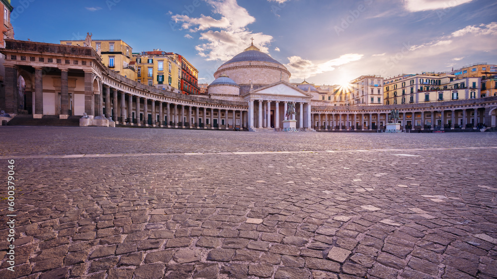 Naples, Italy. Cityscape image of Naples, Italy with the view of large public town square Piazza del Plebiscito at sunset.