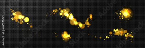 Realistic set of blurred yellow lights sparkling on black background. Vector illustration of abstract festive garland, magic shimmering dust, fantasy fireflies at night. Banner design elements