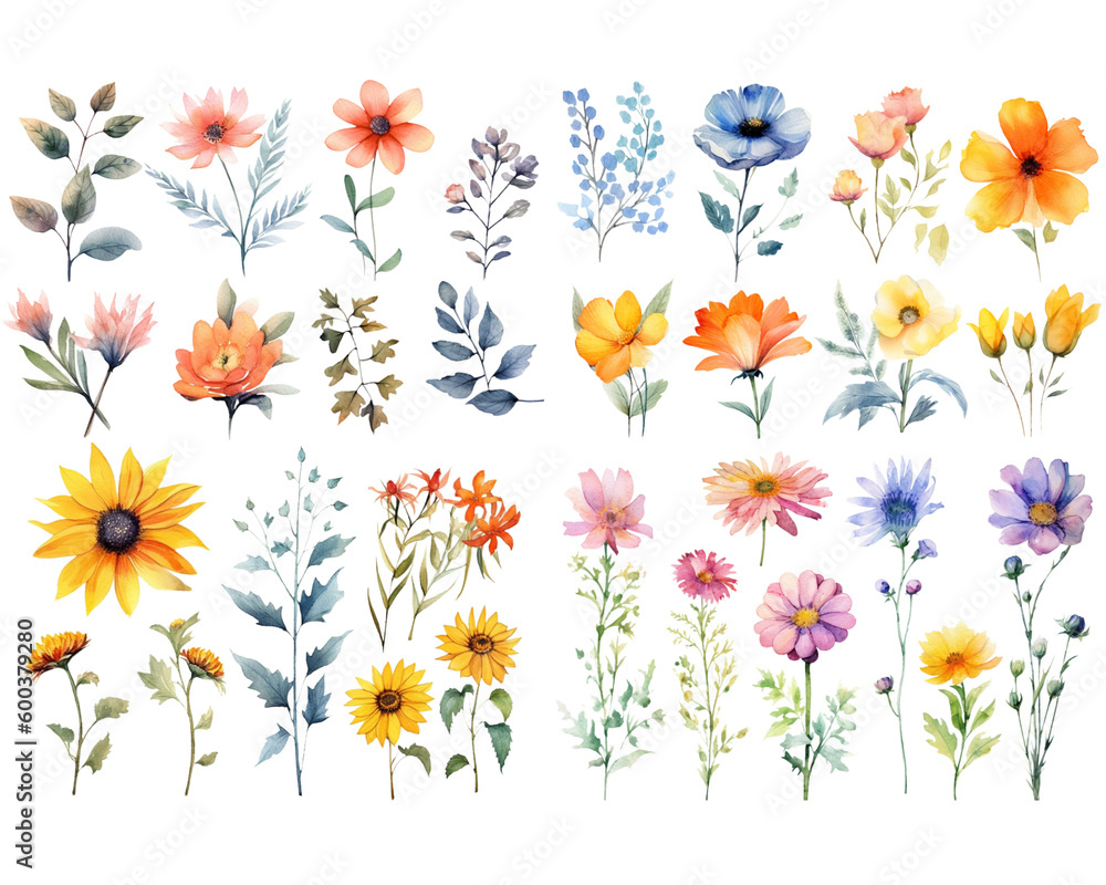 Set of watercolor flowers on white background - obrazy, fototapety, plakaty 