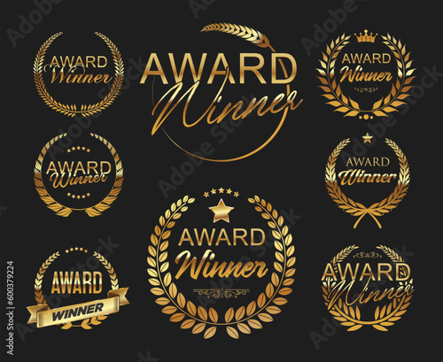 Award Winner emblem collection of gold laurel wreath on black background 