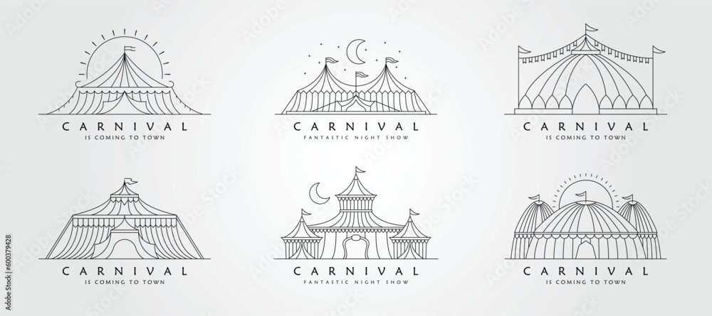 set of circus tent line art logo vector design, carnival symbol illustration template design. - obrazy, fototapety, plakaty 