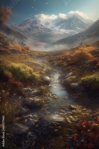 Autumn landscape with river and mountains, generative ai