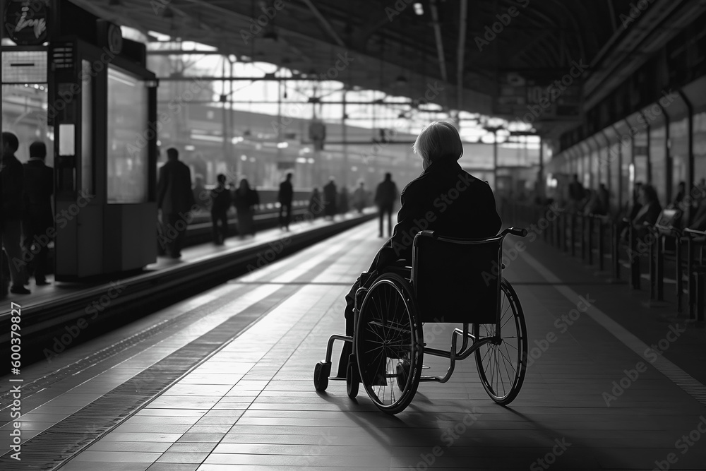 Obraz premium Back of senior woman in wheelchair at train station. Generative AI.