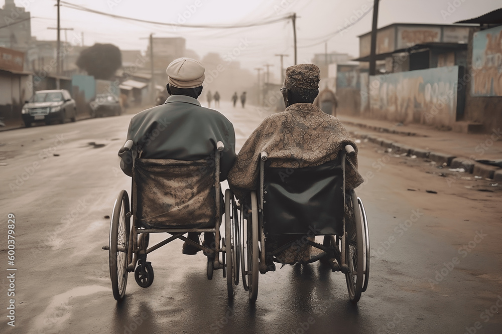 Back of two african couple sitting in wheelchair in street of Africa. Generative AI.