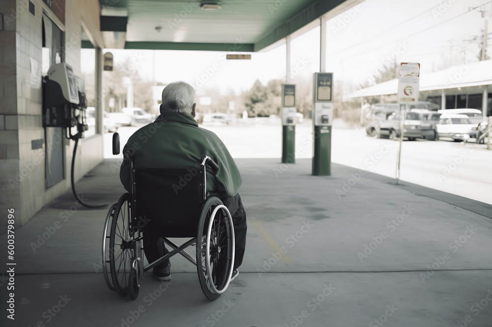 Back of senior man in wheelchair at gas station. Generative AI.