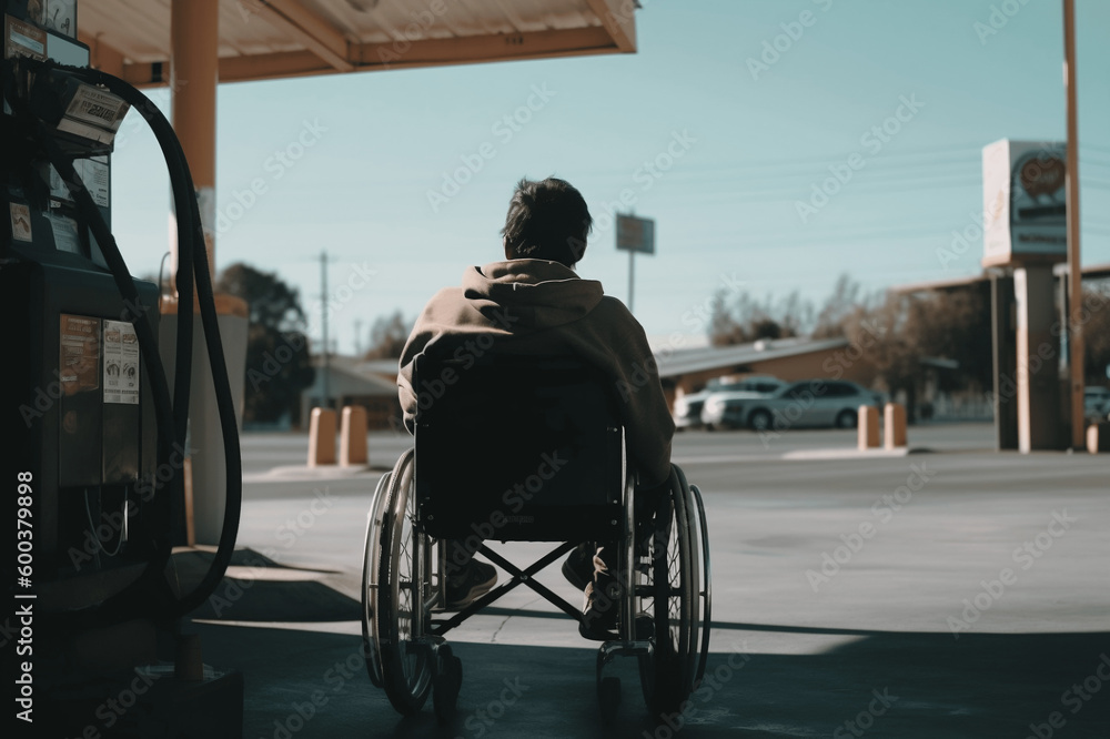 Obraz premium Back of man in wheelchair at gas station. Generative AI.