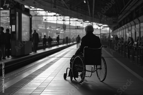 Back of senior woman in wheelchair at train station. Generative AI.