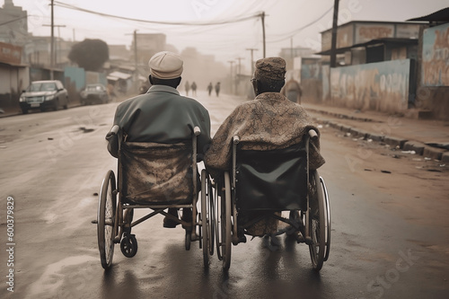 Back of two african couple sitting in wheelchair in street of Africa. Generative AI. © AS Photo Family