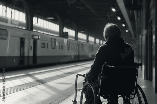 Back of senior woman in wheelchair at train station. Generative AI. © AS Photo Family