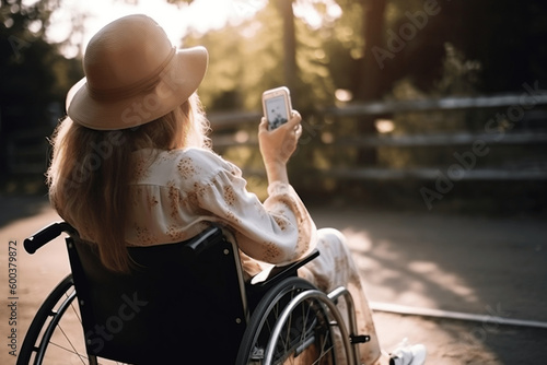 Foto Back of young woman in hat sit wheelchair and making selfie on phone