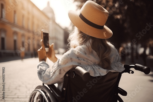 Back of young woman in hat sit wheelchair and making photo on phone at old tourist city. Disability concept. Generative AI.