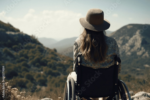 Fototapete Back of young woman wear hat sit in wheelchair in top of mountain
