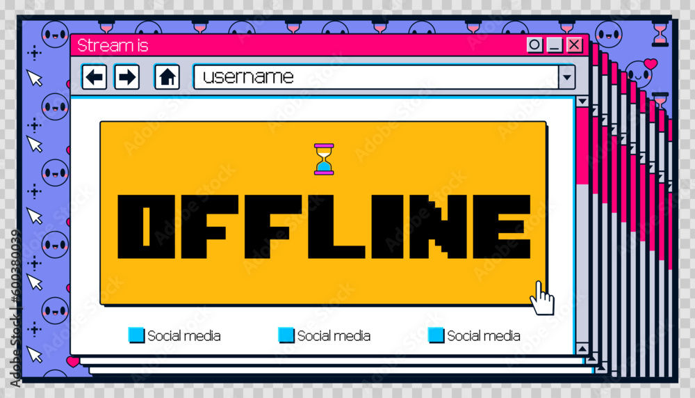 Stream is offline twitch background banner layout. Y2k creative retro design with window bug and social media button. Streamer broadcast video overlay template. Gamer screen cover for website Stream is offline twitch background banner layout. Y2k creative retro design with window bug and social media button. Streamer broadcast video overlay template. Gamer screen cover for website