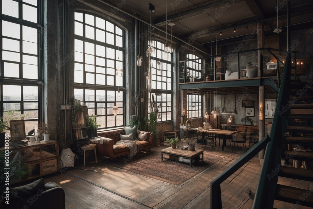 View of old industrial loft apartment. Panoramic. Generative AI