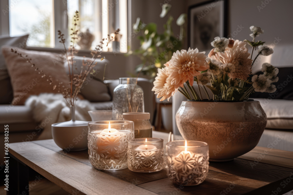 Fototapeta premium Burning aroma candles and a bouquet of flowers in a vase on a coffee table in a modern bright living room. Photorealistic illustration generative AI.