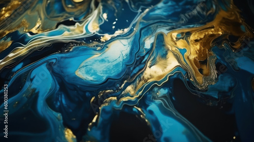 Abstract blue and gold background of paint smudge. Photorealistic illustration generative AI.