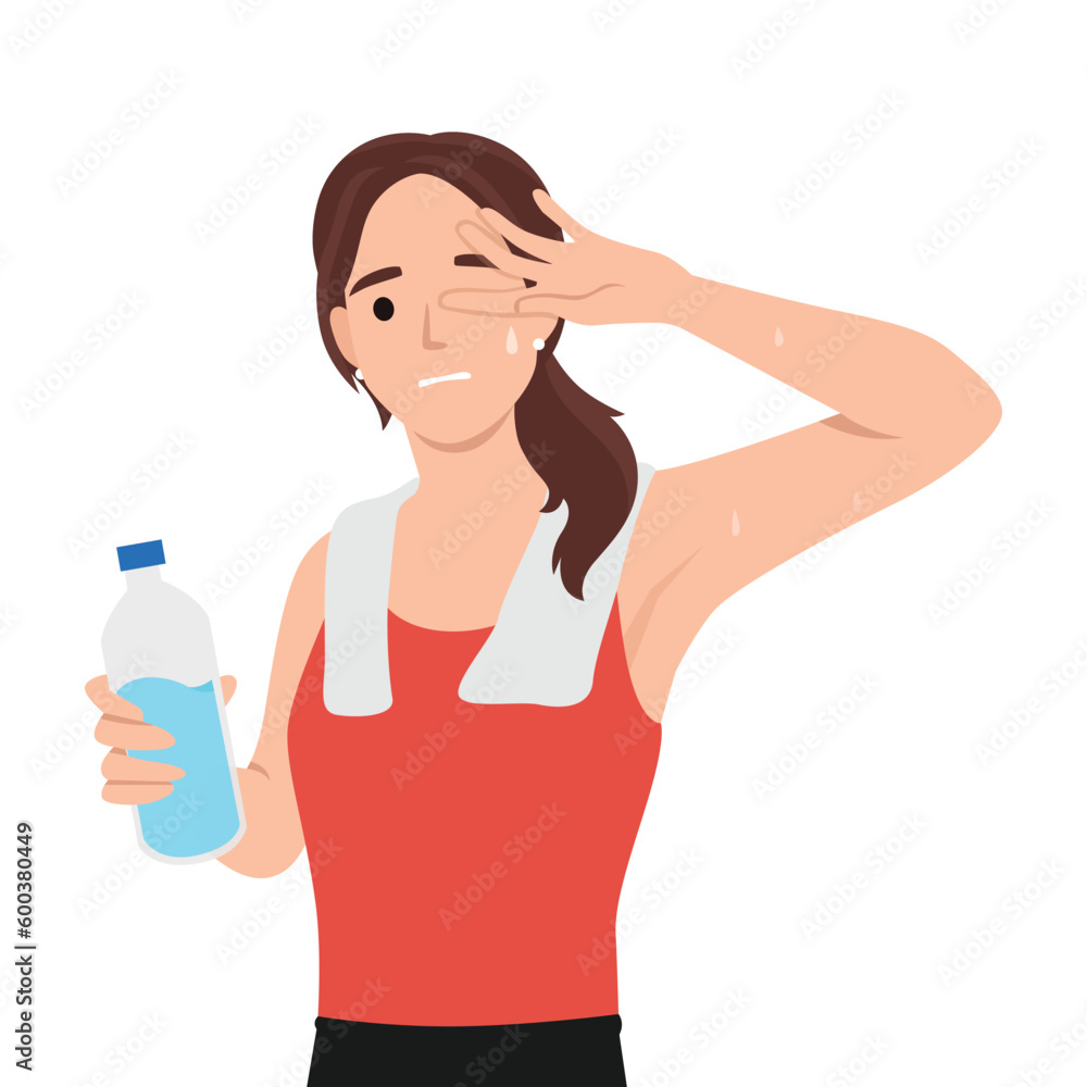Young caucasian white sporty woman drinking water and wiping sweat with a towel after workout. Healthy lifestyle concept. Flat vector illustration isolated on white background Young caucasian white sporty woman drinking water and wiping sweat with a towel after workout. Healthy lifestyle concept. Flat vector illustration isolated on white background