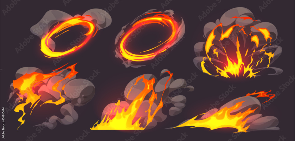 Game effect of fire, flame animation with smoke clouds. Comic blast, bomb explosion, magic burst with yellow fire splashes and smoke, vector cartoon illustration - obrazy, fototapety, plakaty 