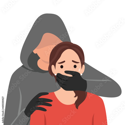 Abuse or domestic violence concept. The man covers the woman's mouth with his hand. A woman in tears and with traces of beating on her face. Social problems, aggression and abuse against women. 