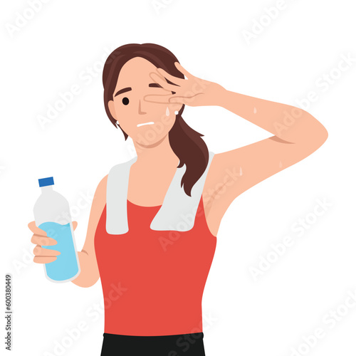 Young caucasian white sporty woman drinking water and wiping sweat with a towel after workout. Healthy lifestyle concept. Flat vector illustration isolated on white background