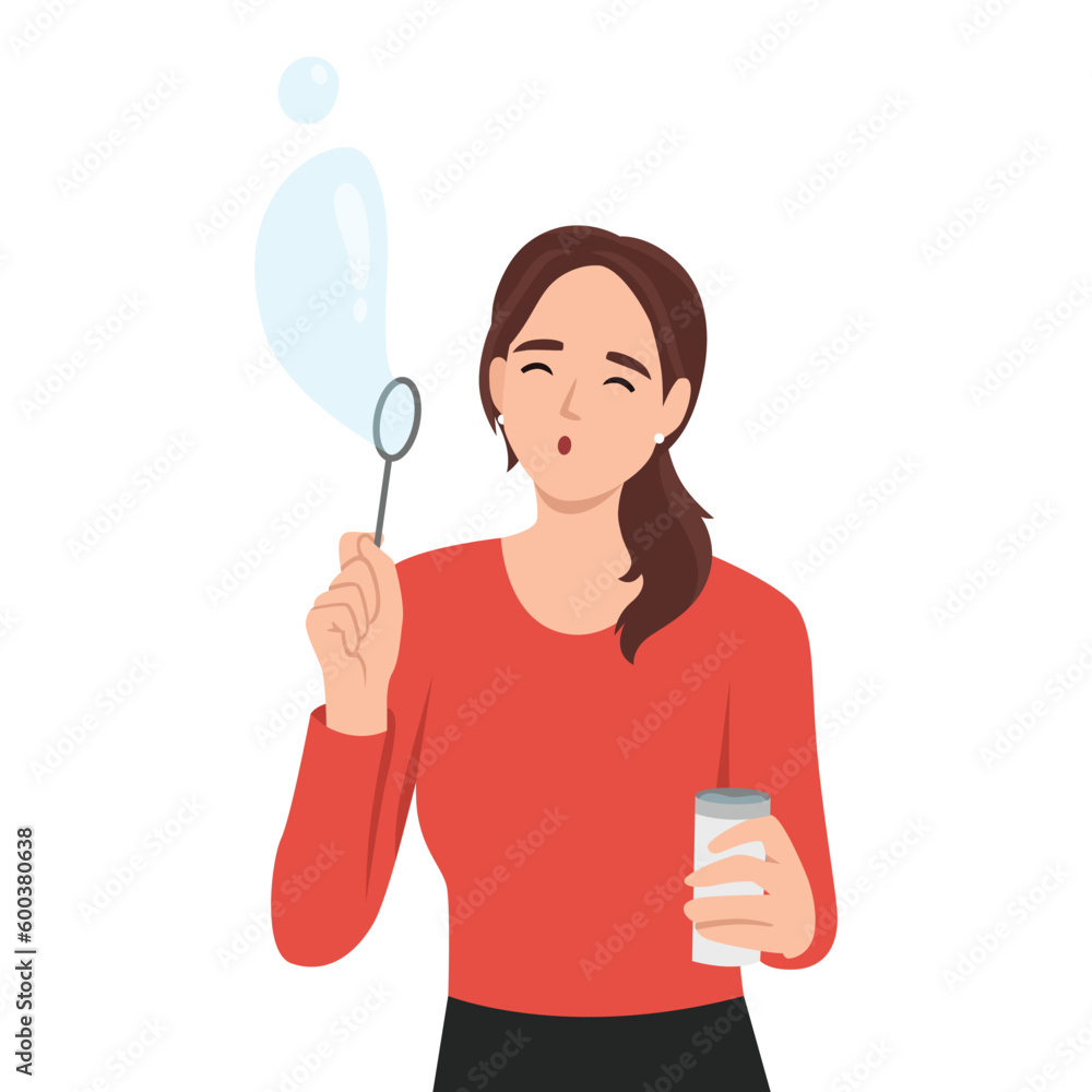 Having fun, summer, leisure concept. Positive young pretty girl standing playing with air bubbles blowing air bubble toy like little child, having fun. Flat vector illustration isolated on white backg Having fun, summer, leisure concept. Positive young pretty girl standing playing with air bubbles blowing air bubble toy like little child, having fun. Flat vector illustration isolated on white backg