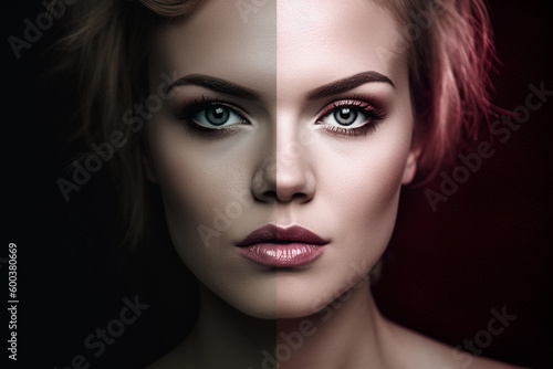 A woman s face with a half of her face showing the different colors of the face. AI generation