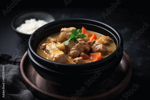 A bowl of chicken curry with rice on a dark background. AI generation