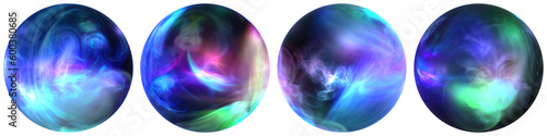 Set of four gas planets or crystal balls containing glowing smoke or plasma. PNG format with transparency.
