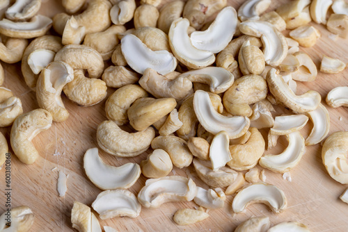 Fresh peeled cashew nuts on the table