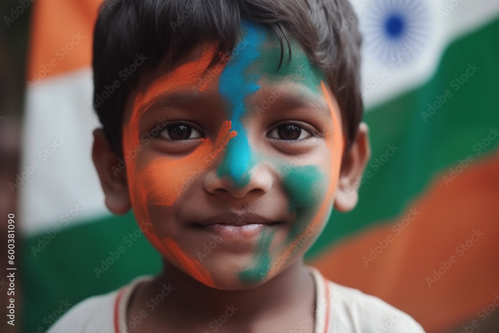 A boy with the colors of india painted on his face AI generation