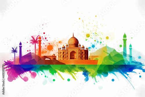 A colorful watercolor background with taj mahal and mountains. AI generation