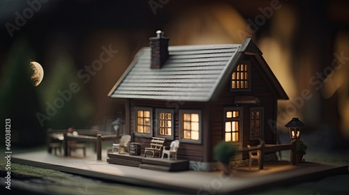 real estate tilt-shift photography of a tiny house on a table with blurry background. generative ai