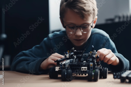 A boy plays with a blocks car AI generation photo