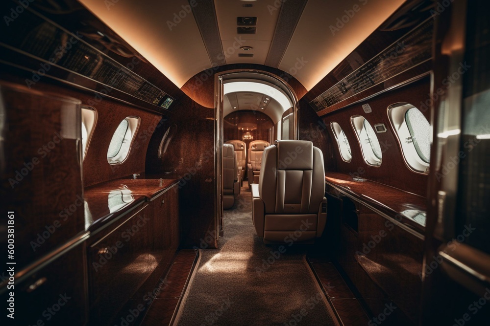 View of the front of a private jet's cabin. Generative AI