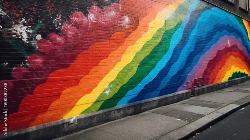 Mural with graffiti. Wall with colors of the LGTBI flag. Colorful mural celebrating LGTBI pride. Graffiti with the colors of the LGTBI flag. Generated by AI.